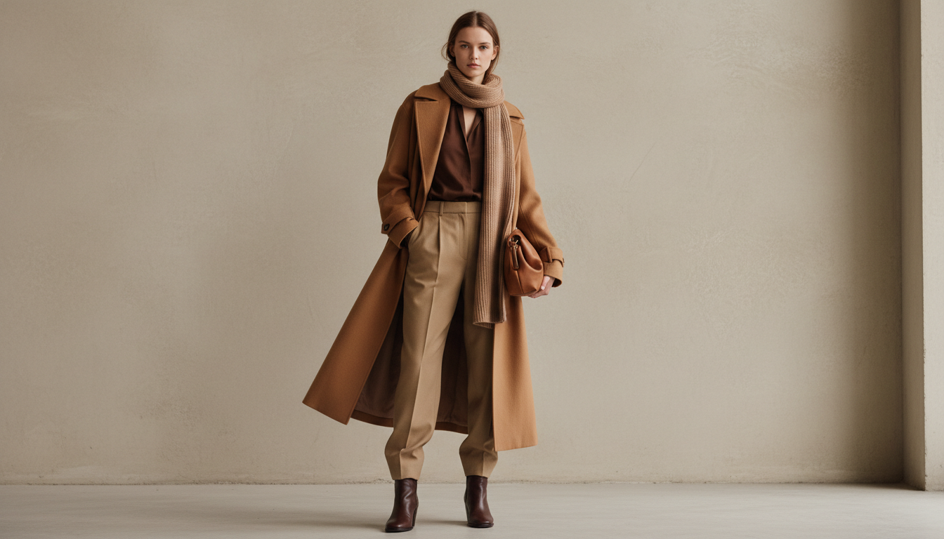 Монохромный образ, где сочетаются несколько оттенков коричневого.