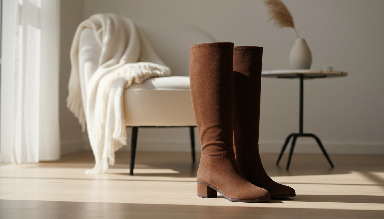 Высокие замшевые сапоги шоколадного оттенка на невысоком каблуке.