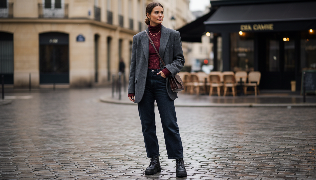 Стилизованный образ: кружевная водолазка глубокого бордового цвета под оверсайз шерстяной пиджак и массивные ботинки