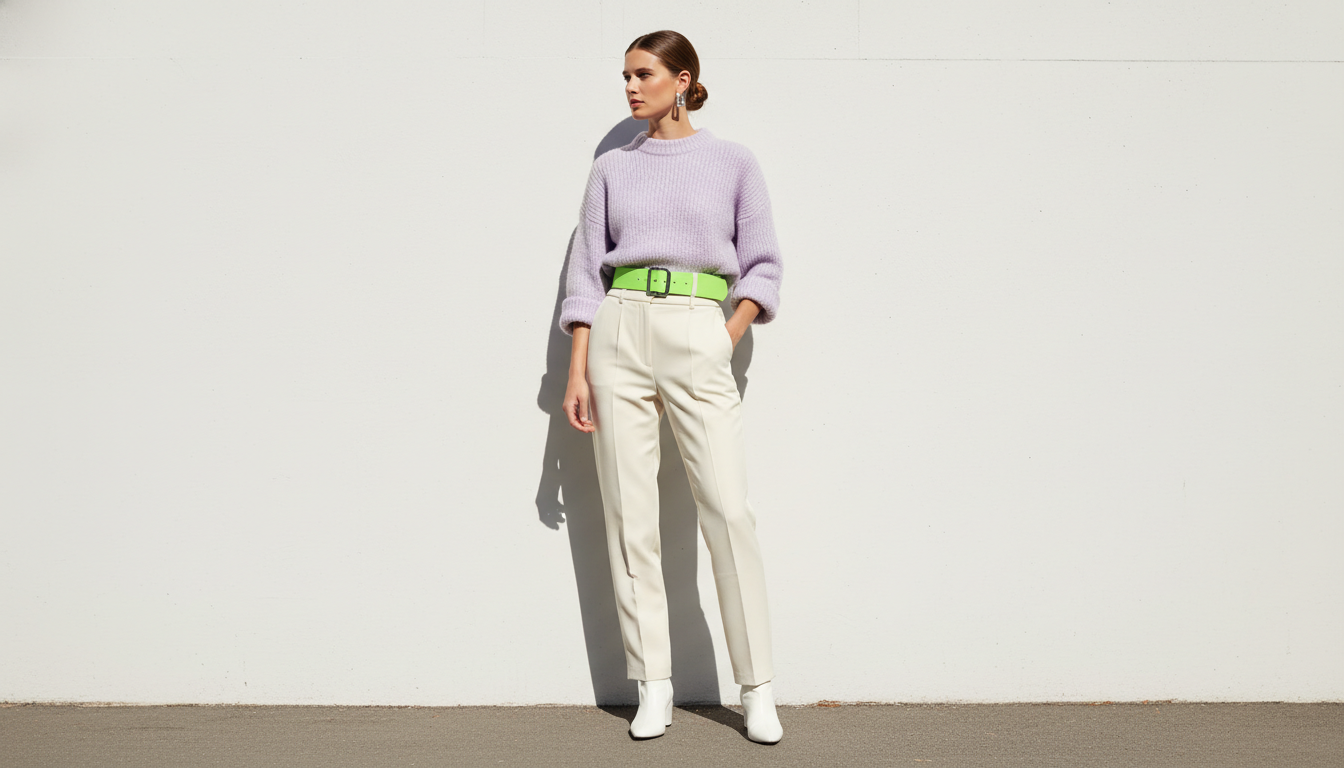 Девушка в свитере цвета лаванды с неоново-зеленым ремнем.