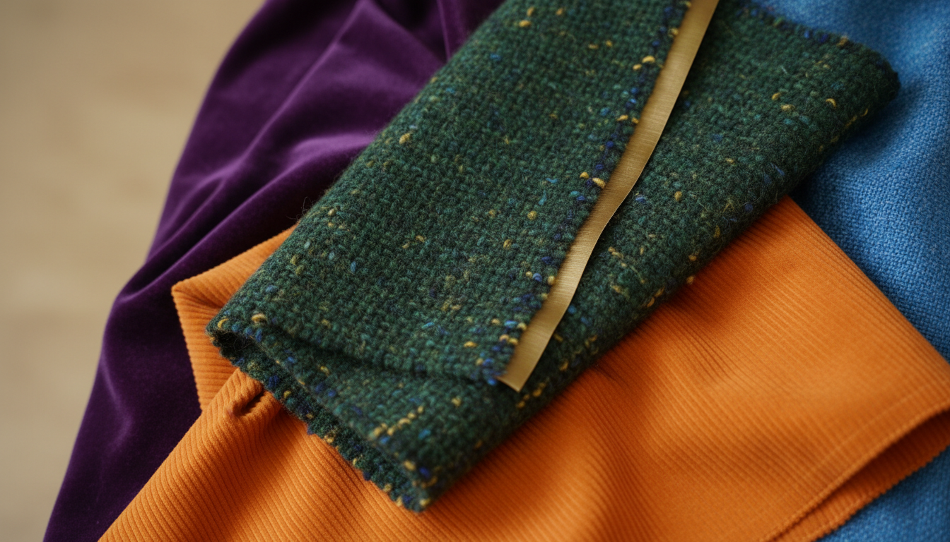 Деталь крупным планом: сочетание плотных тканей в неожиданных цветах.