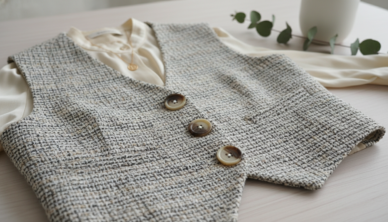 Крупный план твидового жилета с пуговицами из натурального рога