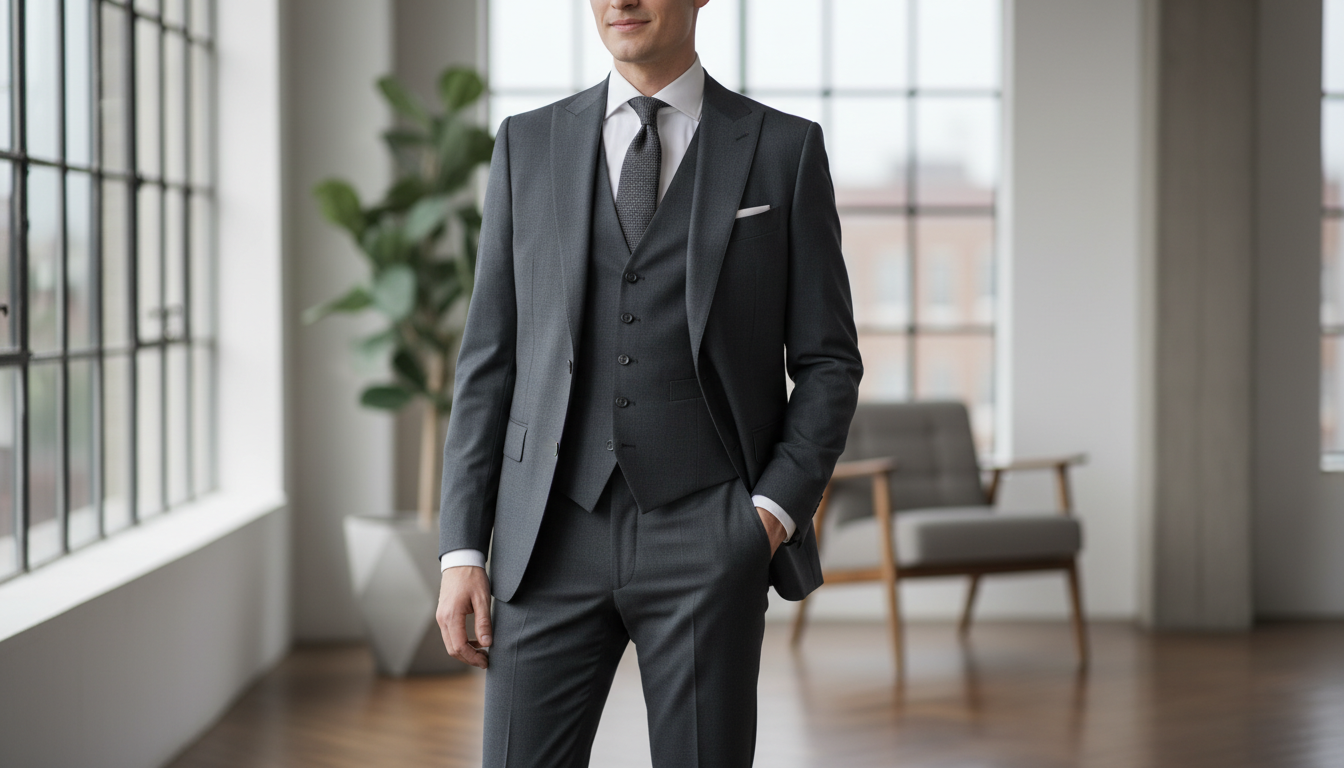 Деловой костюм-тройка в сером цвете, демонстрирующий идеальную посадку жилета