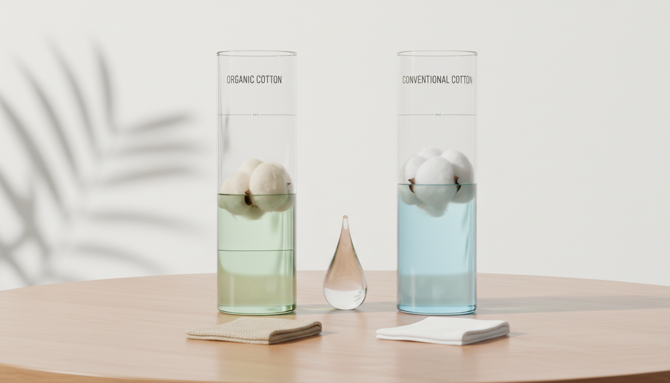 Сравнение тканей: органический хлопок против обычного хлопка, показывающее разницу в расходе воды.