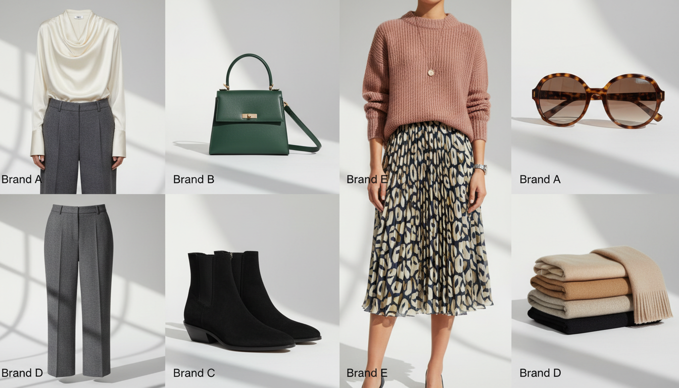 Стильный коллаж из вещей всех пяти брендов, демонстрирующий их сочетаемость.