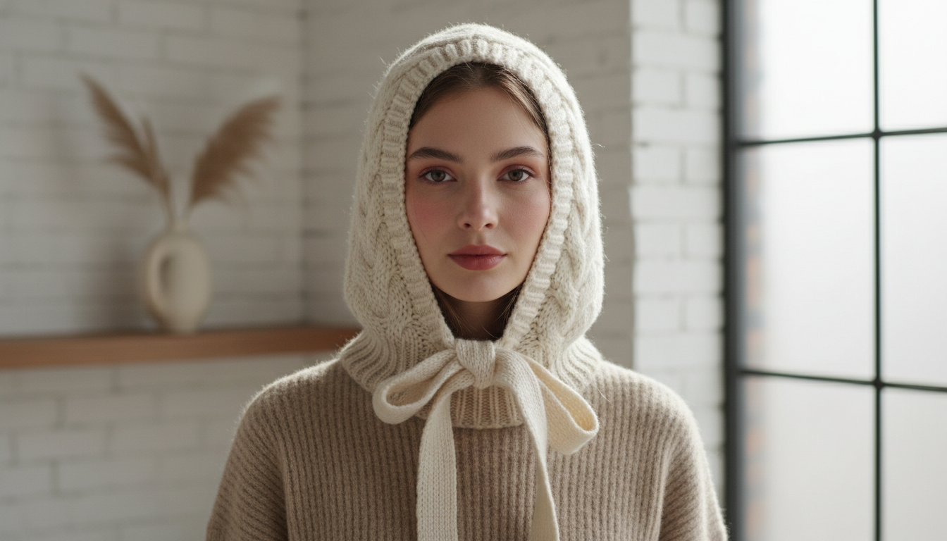 Девушка в объемном шерстяном капюшоне, завязанном под подбородком