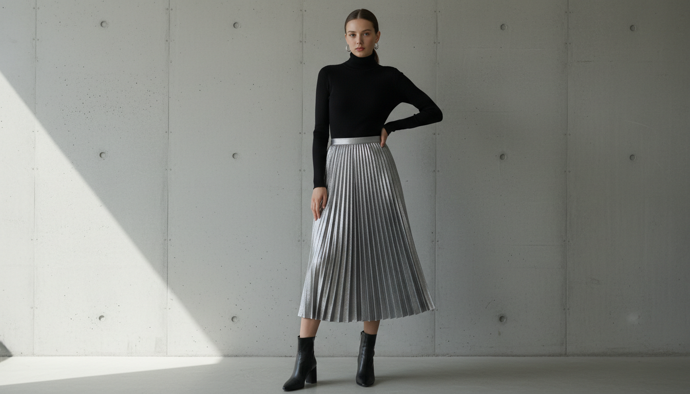 Модель в серебряной юбке-плиссе, идеально сочетающейся с черным гольфом