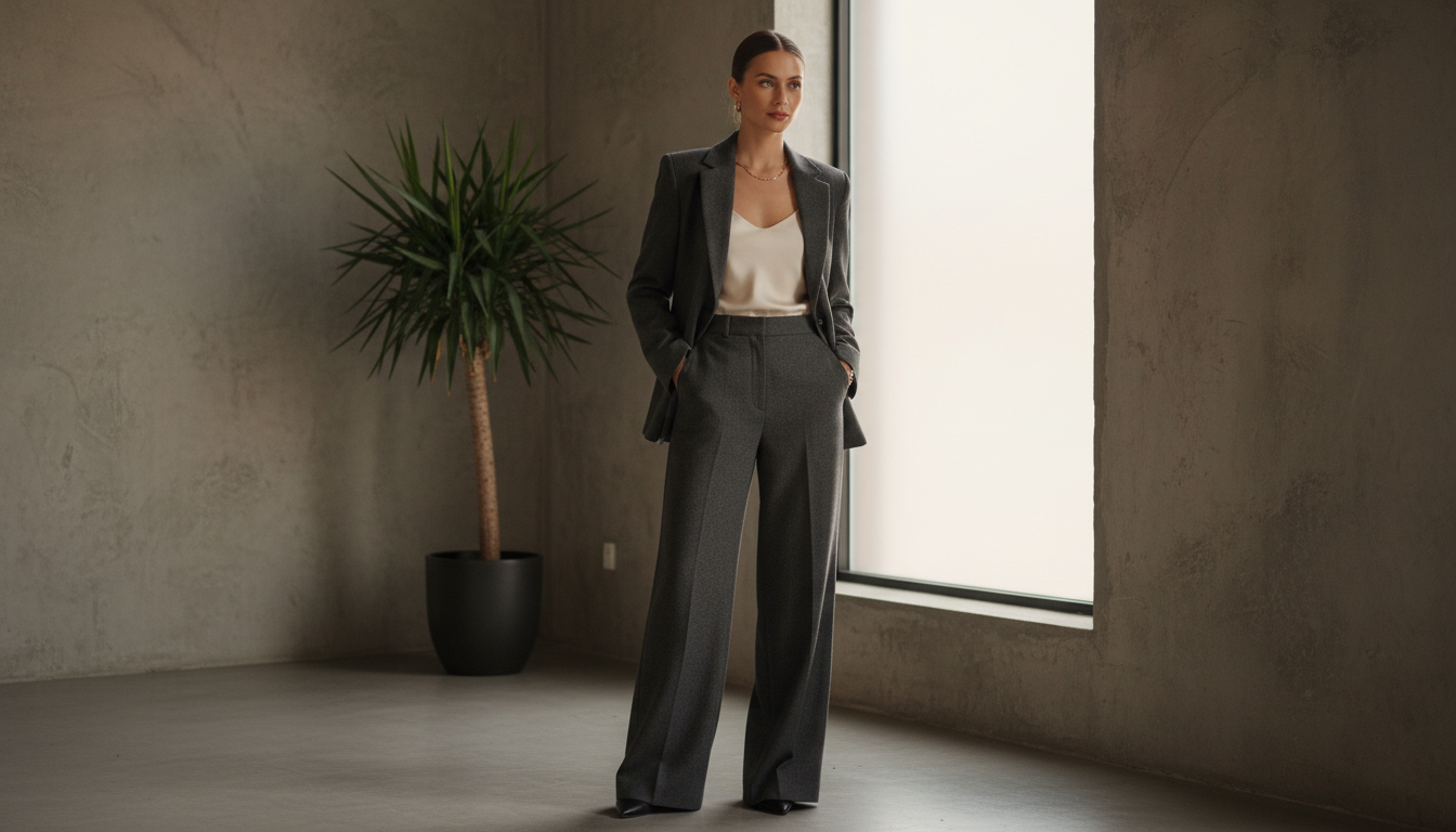 Девушка в широких темно-серых шерстяных брюках и структурированном жакете