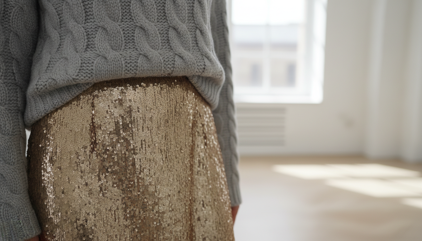 Крупный план юбки из матовых золотых пайеток, скомбинированной с серым свитером крупной вязки.