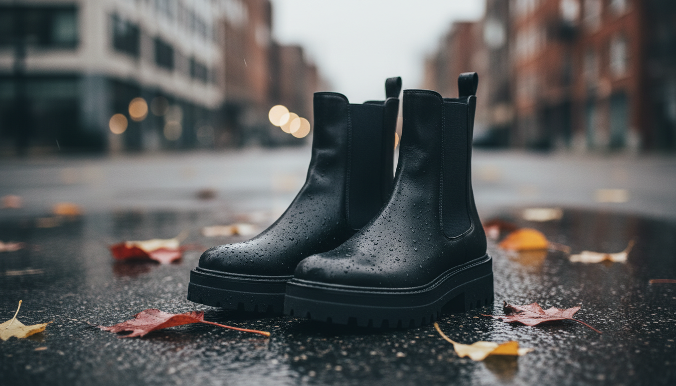 Черные кожаные ботинки челси на толстой подошве, стоящие на мокром асфальте.