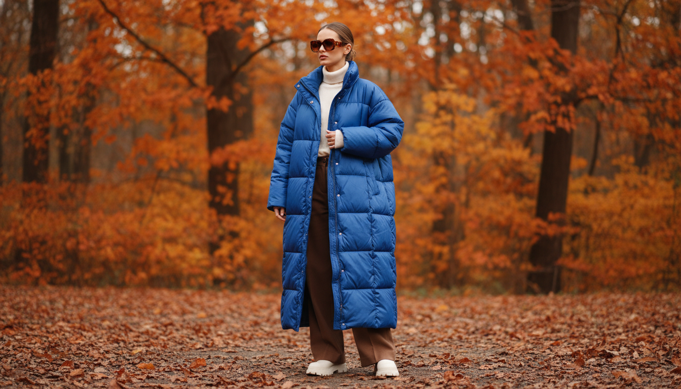 Девушка в ярко-синем объемном пальто-макси на фоне осенних деревьев.