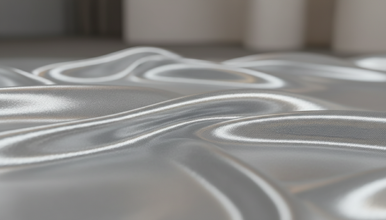 Крупный план на фактуру ткани Liquid Silver, отражающей свет.