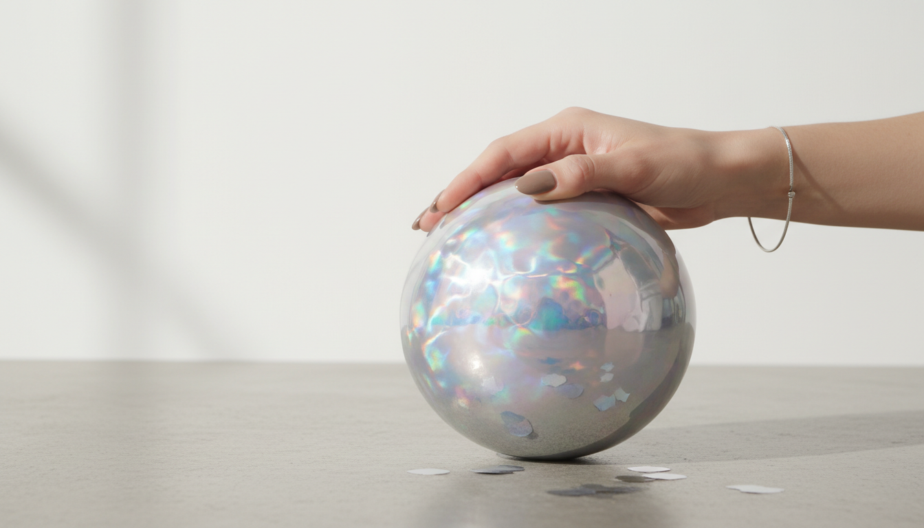 Клатч в форме сферы, полностью покрытый голографическим серебром.