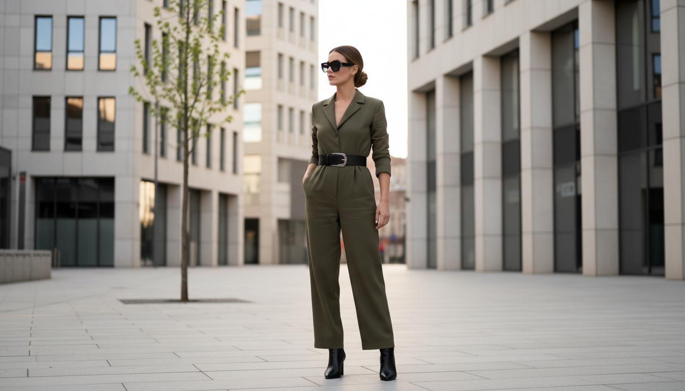 Девушка в оливковом комбинезоне, затянутом черным ремнем, стоящая в городском пейзаже
