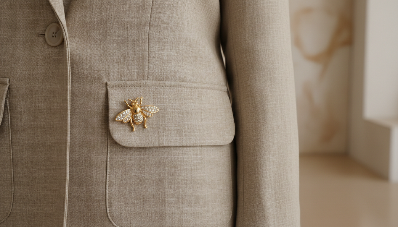 Крупный план: детали накладных карманов на бежевом жакете, украшенном золотой брошью-пчелой