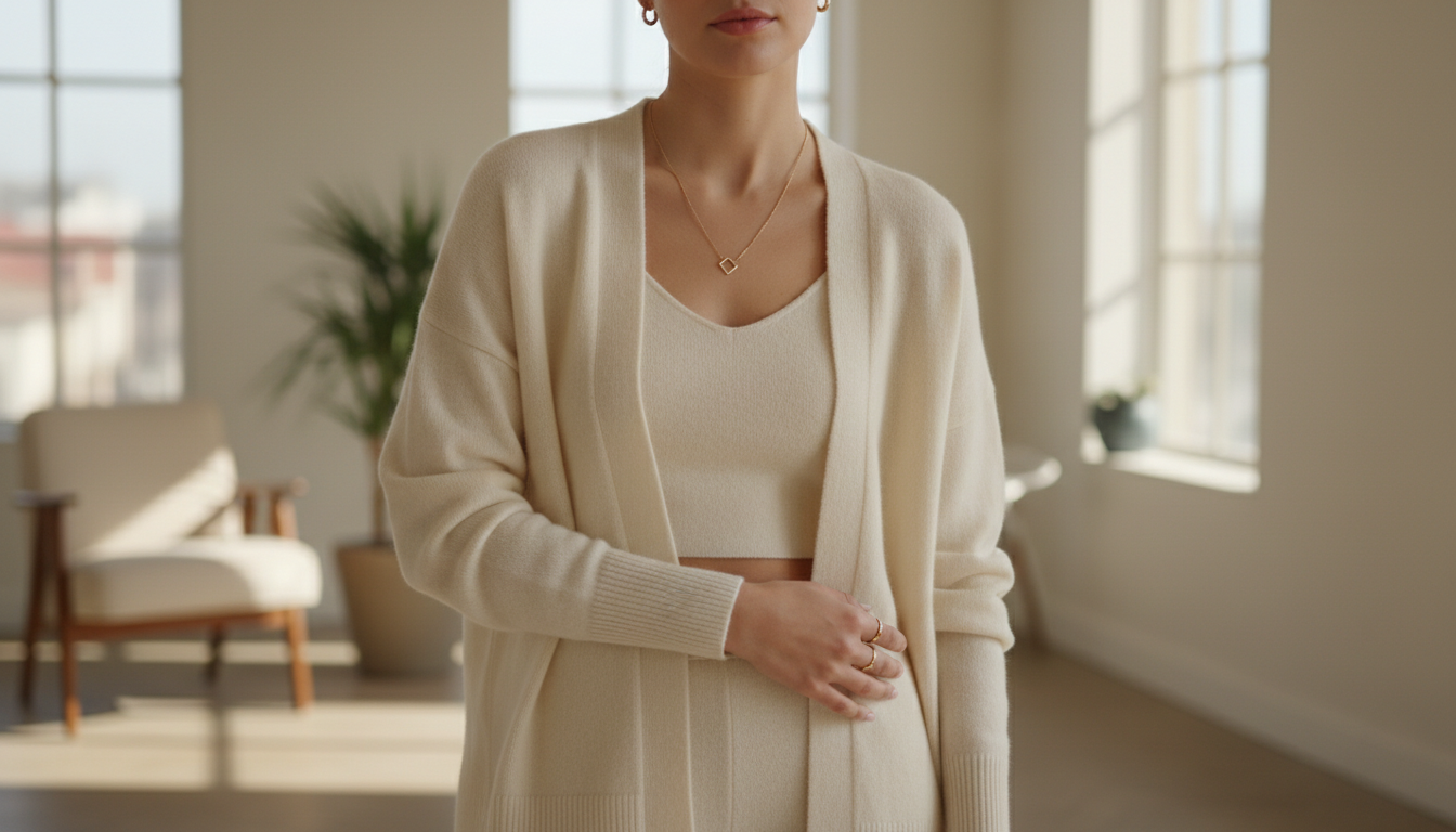 Модель в комплекте из кардигана и топа в тон, выполненных из тонкой шерсти, с золотыми минималистичными украшениями.