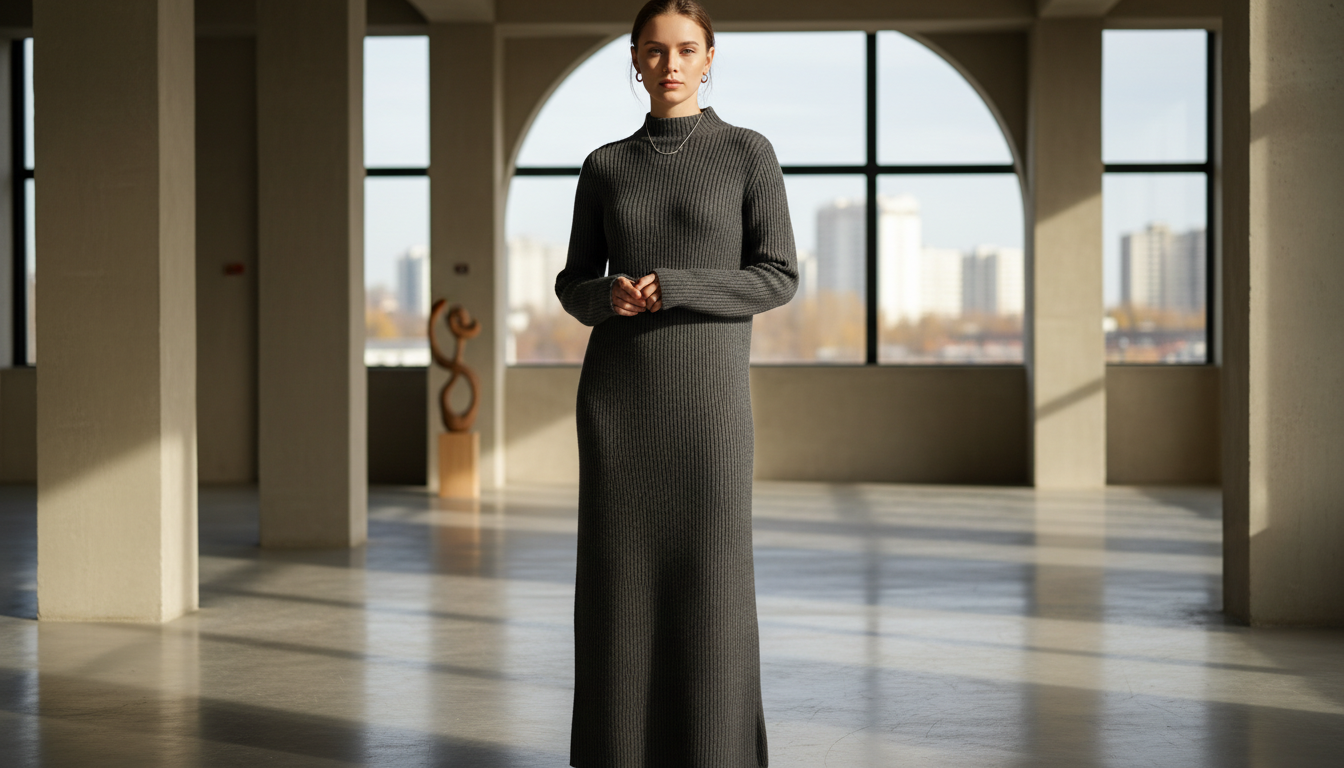 Длинное вязаное платье прямого силуэта из плотной темно-серой шерсти.