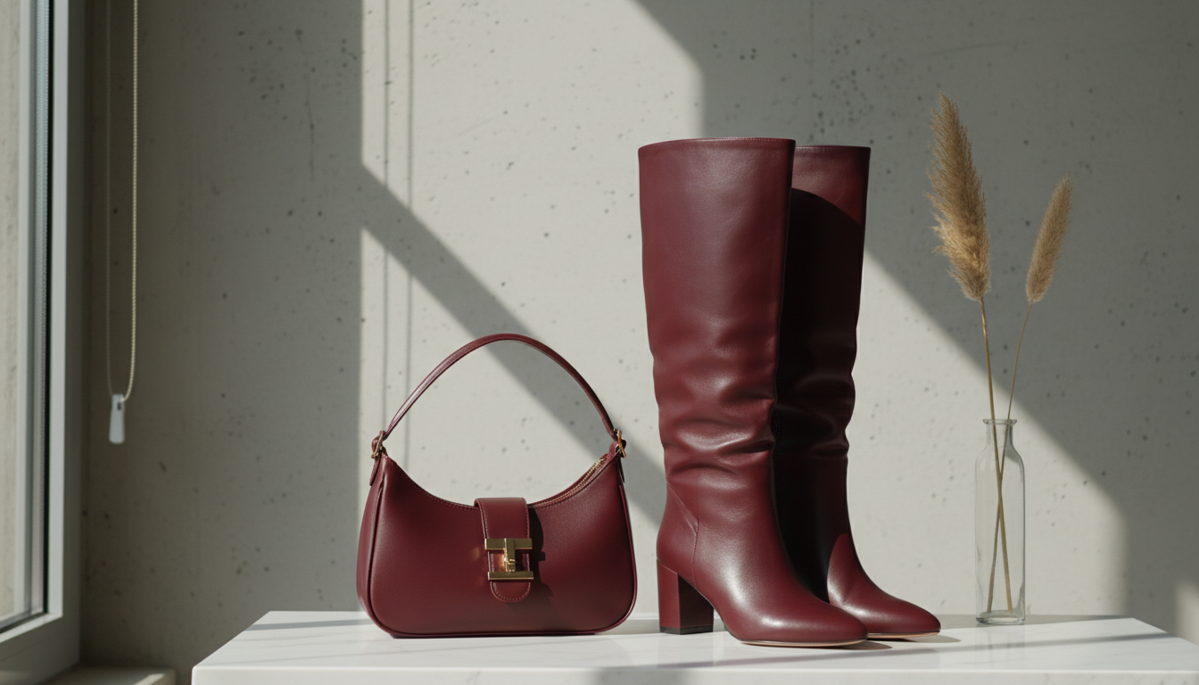 Бордовая сумка-багет и высокие сапоги-трубы.