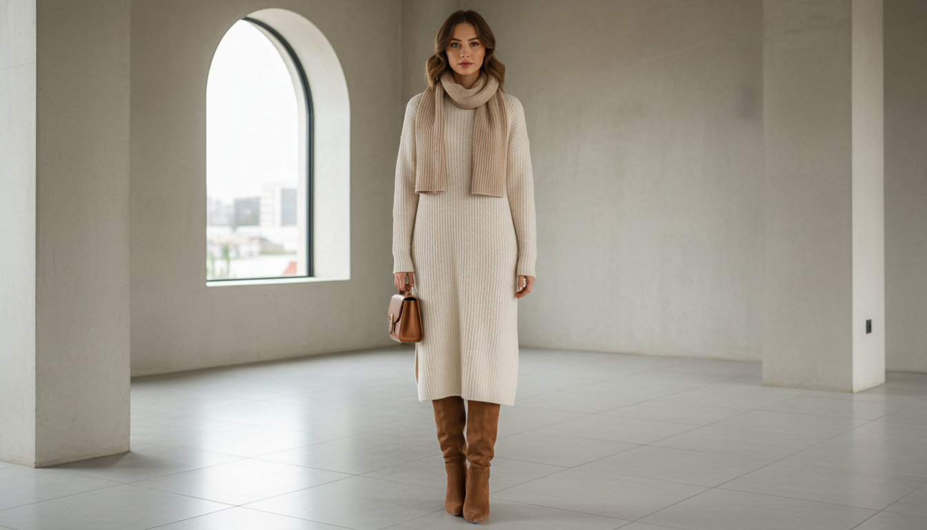 Девушка в бежевом трикотажном платье и коричневых замшевых ботфортах