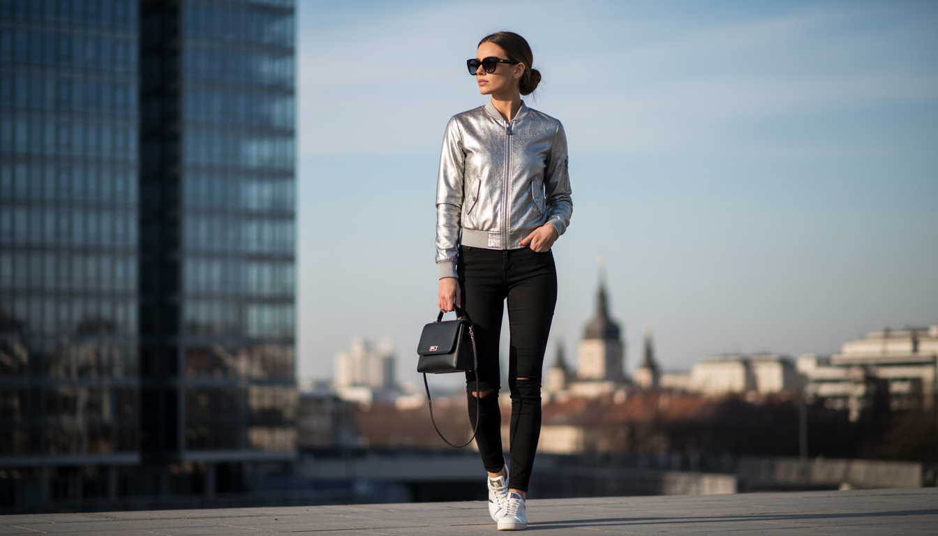 Девушка в серебряном бомбере и черных джинсах на фоне городского пейзажа