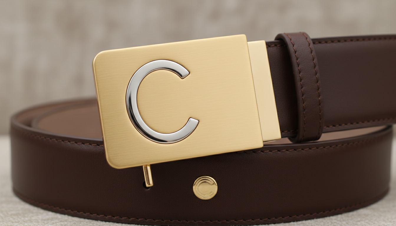 Крупный план на фурнитуру дорогого кожаного ремня с минималистичным, но узнаваемым логотипом.