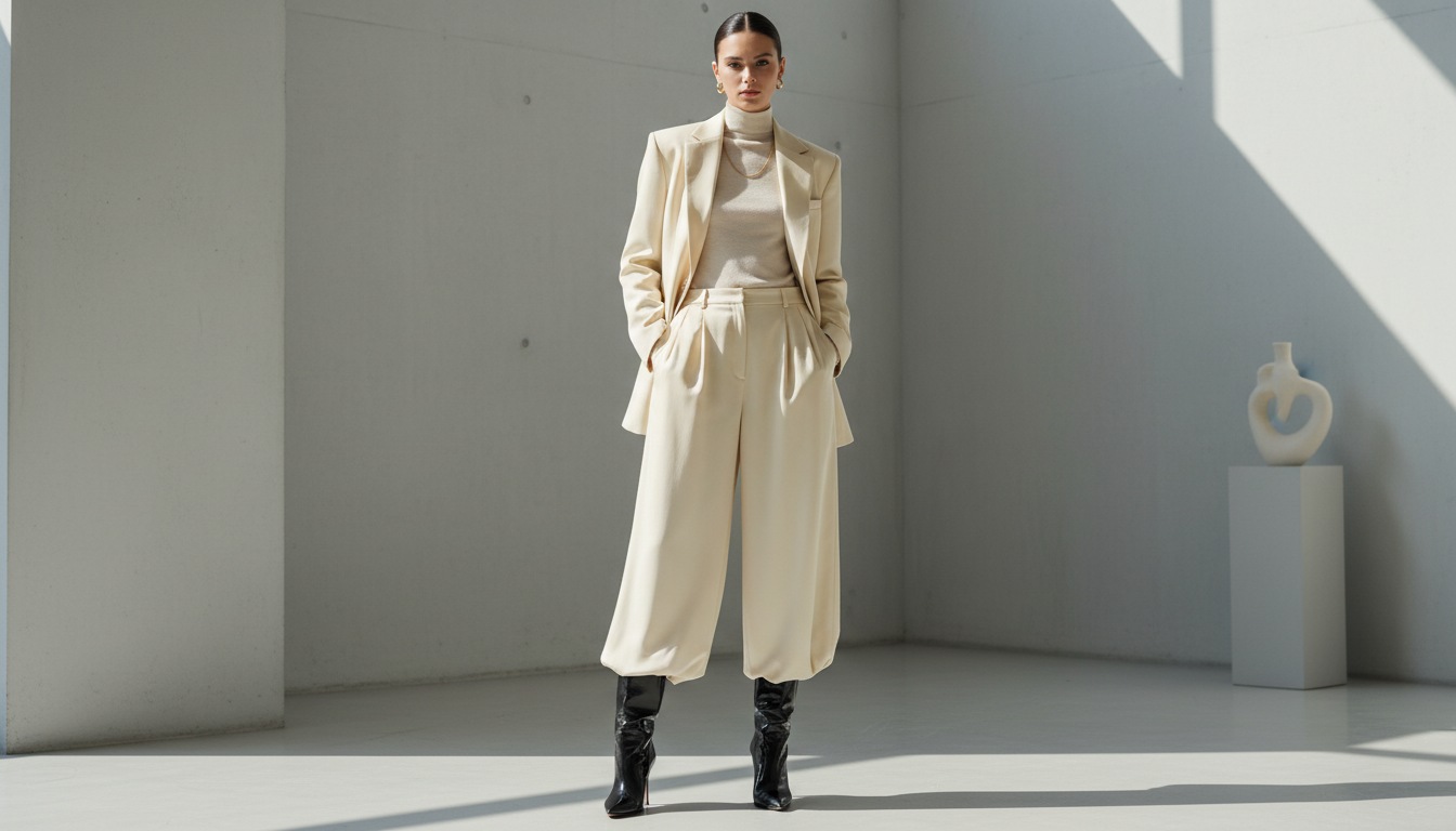 Модель в очень широких брюках-палаццо, под которыми полностью скрыты высокие сапоги