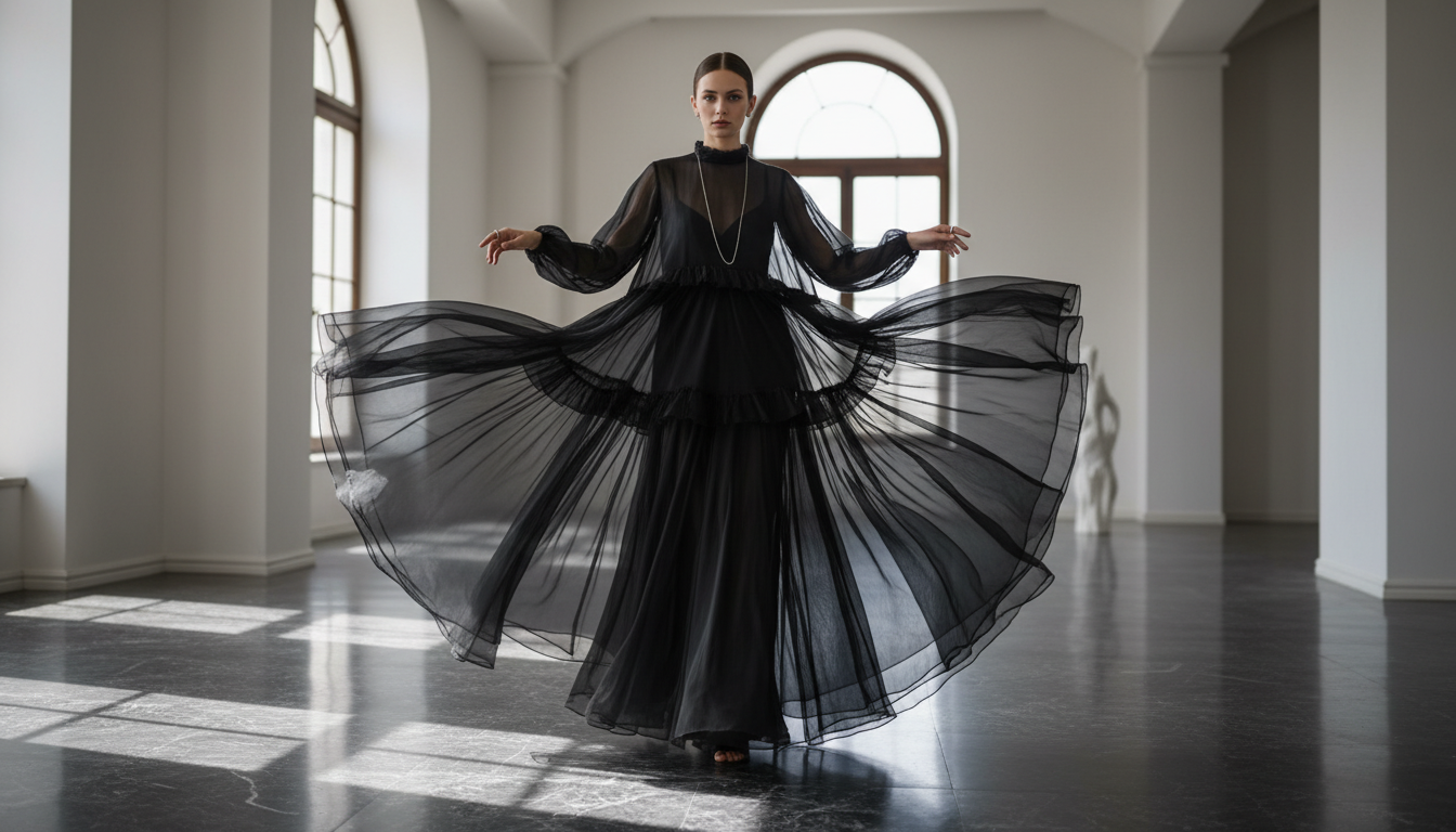 Многослойное прозрачное платье из черного шифона, создающее эффект драматической невесомости.