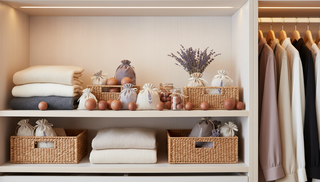 Кедровые шарики и лавандовые саше, разложенные в шкафу.