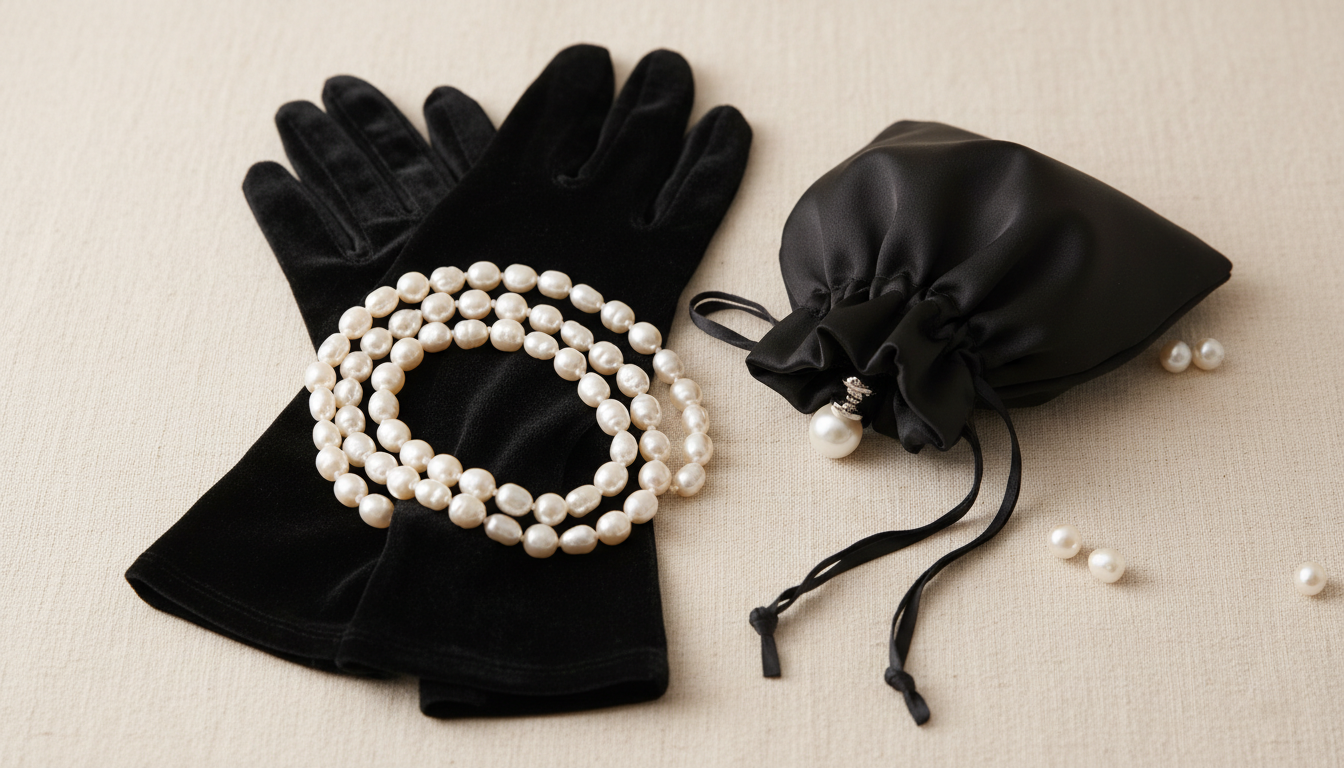 Подборка аксессуаров: длинные черные бархатные перчатки, жемчужное ожерелье и атласная сумка-кисет