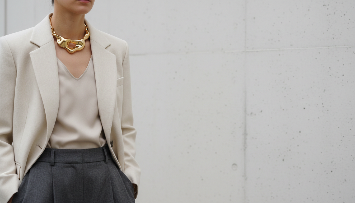 Схема стилизации: один крупный аксессуар на фоне минималистичной одежды