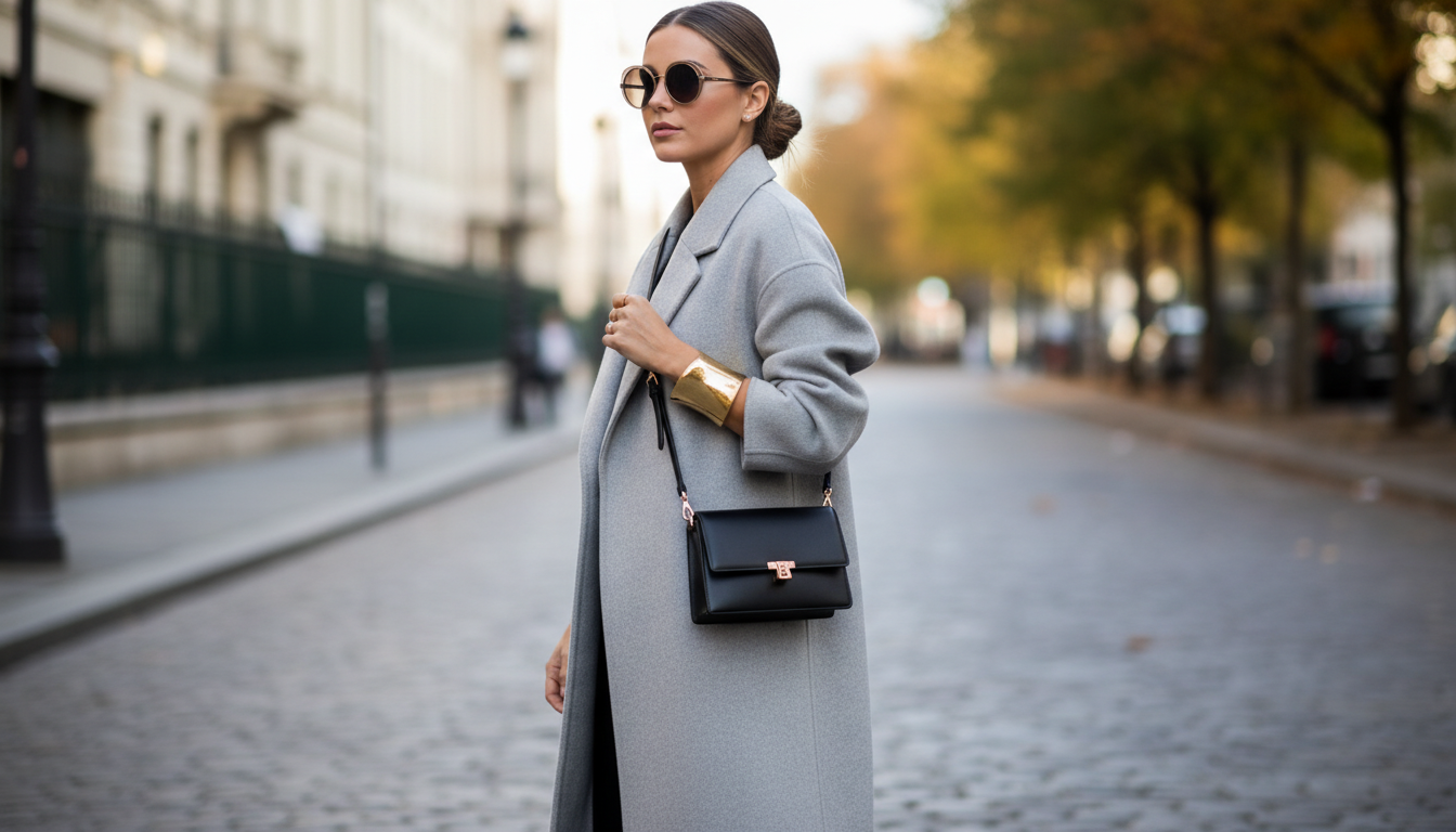 Модель в сером пальто, балансирующая образ с помощью крупного золотого браслета и маленькой сумки через плечо