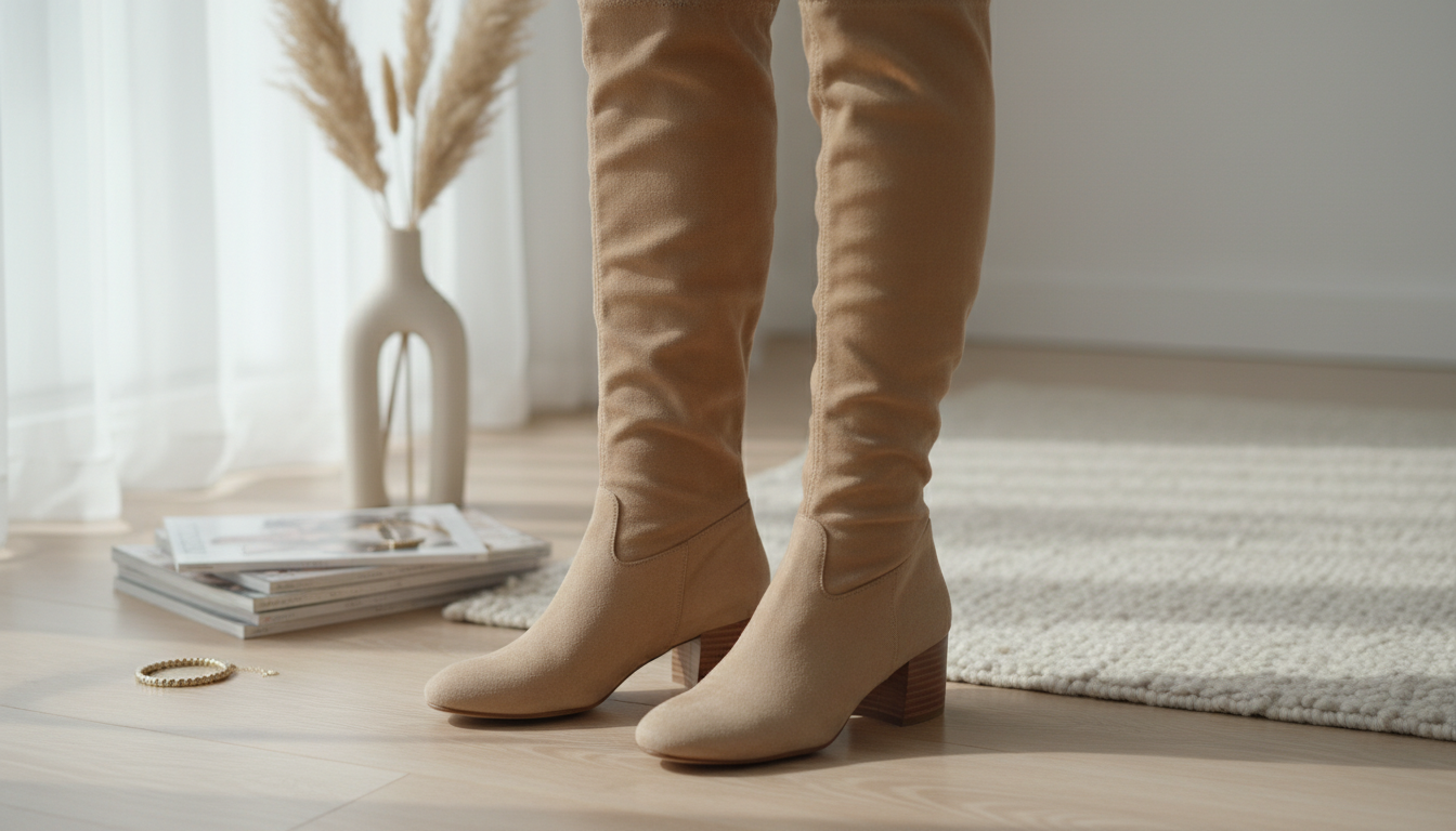 Замшевые ботфорты песочного цвета на низком каблуке