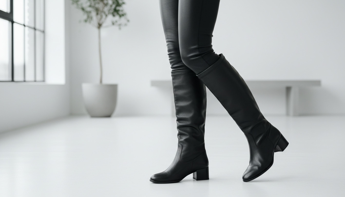 Черные кожаные леггинсы, заправленные в ботфорты на невысоком каблуке