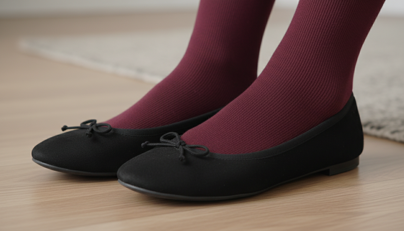 Крупный план балеток из черной замши, надетых на плотные бордовые колготки.