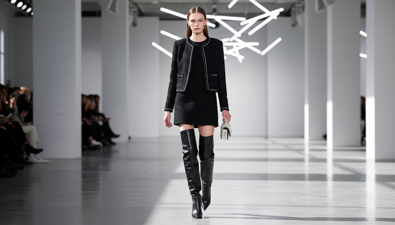 Модель в черных кожаных ботфортах с широким голенищем на показе Chanel.