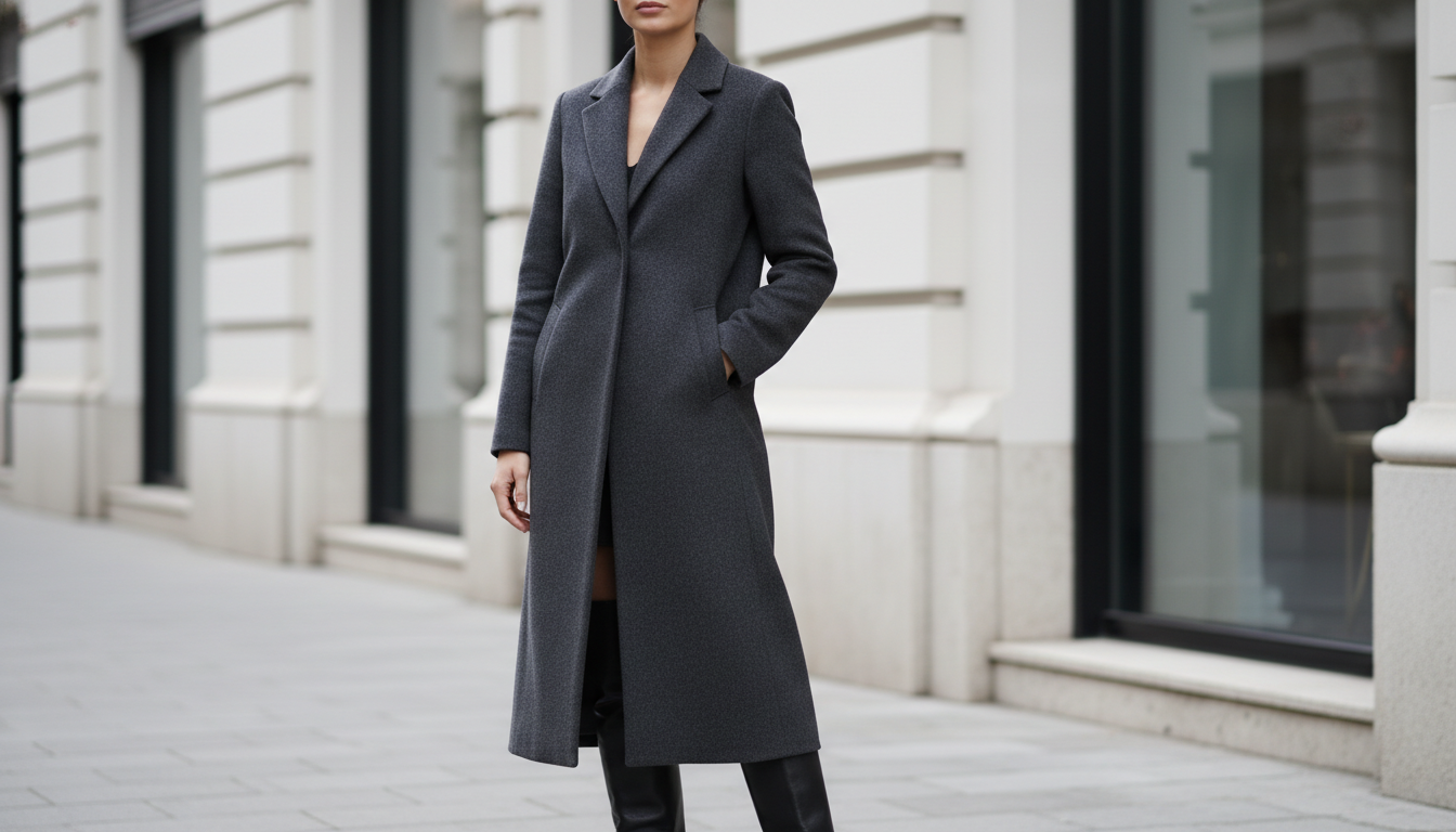Девушка в длинном сером пальто, из-под которого видны высокие сапоги.
