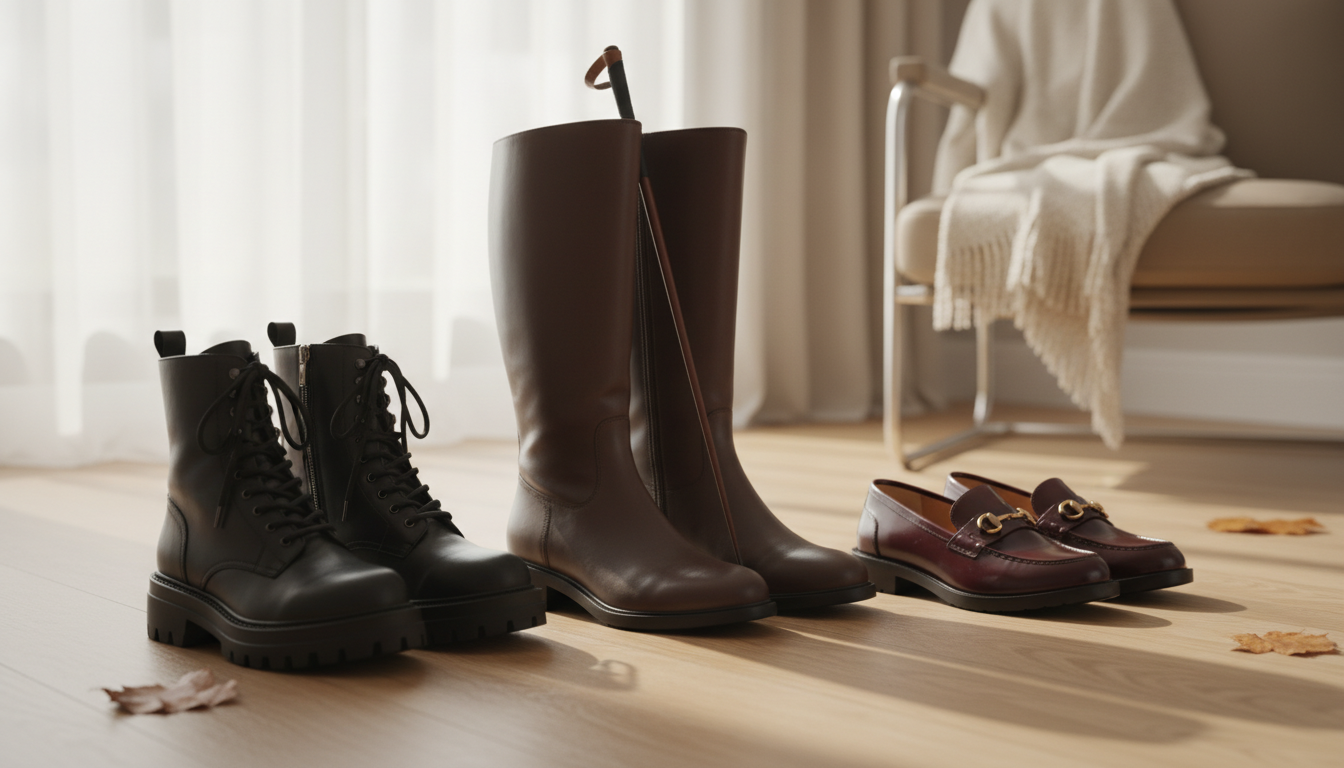 Ряд актуальных осенних ботинок: combat boots, жокейские сапоги и лакированные лоферы.