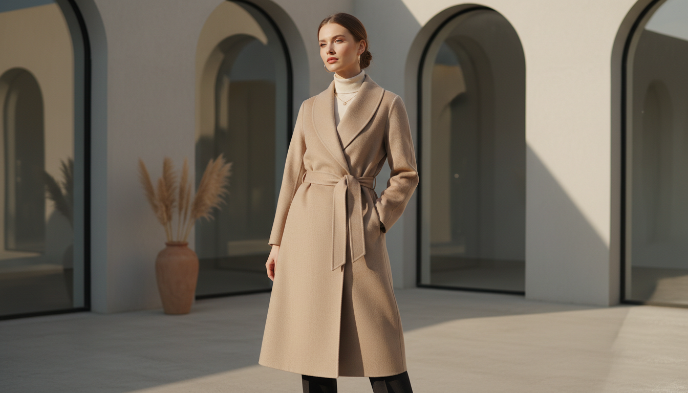 Женщина в длинном бежевом шерстяном пальто-халате, завязанном на талии.