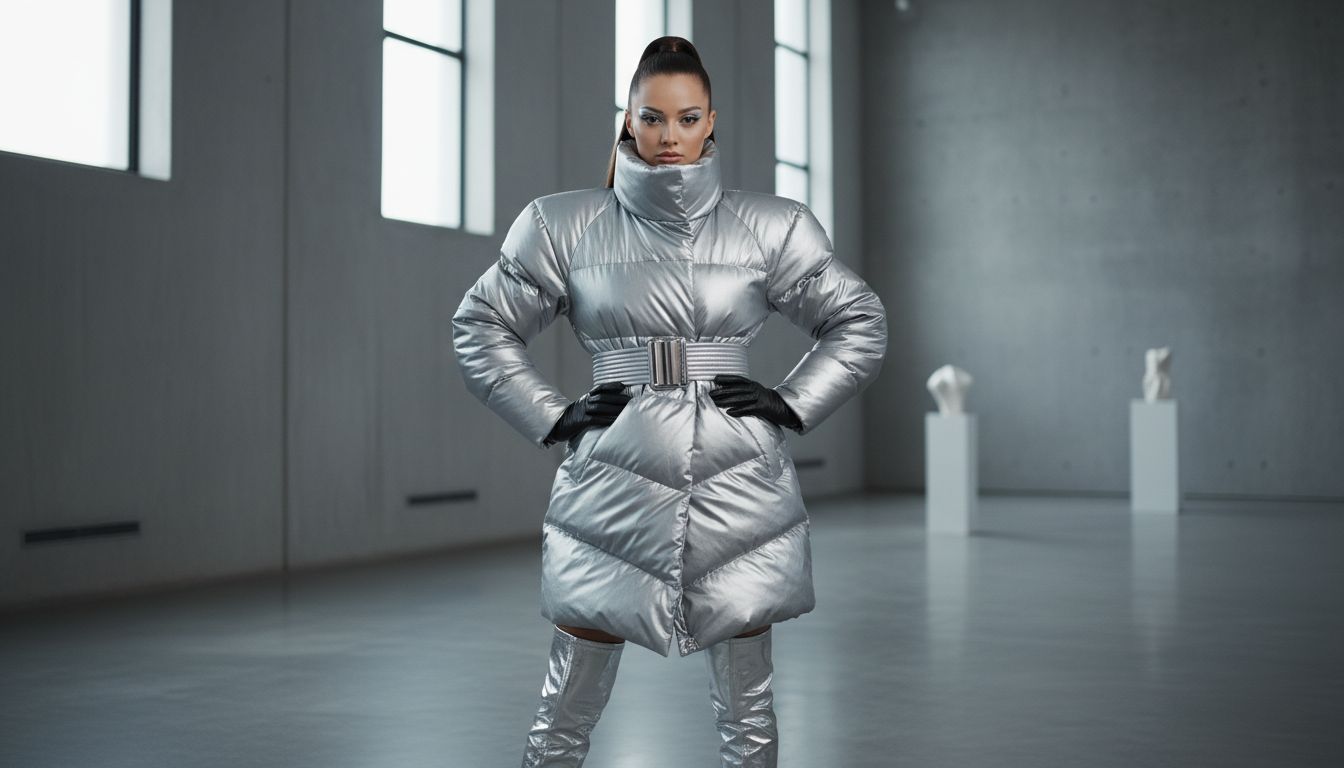 Скульптурный пуховик металлик-серебро с широким поясом