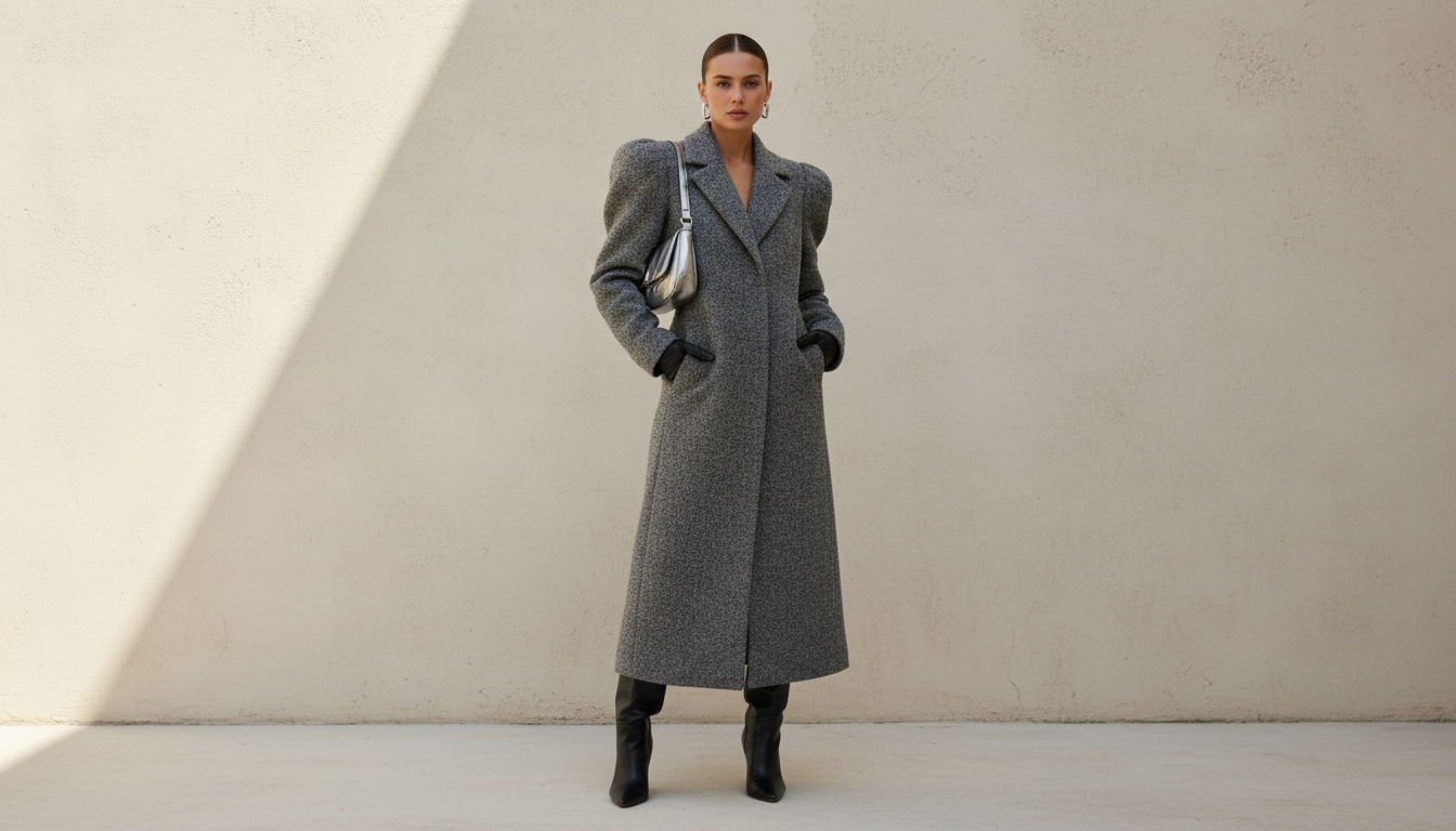 Пальто макси длины из серого букле с гипертрофированными плечами