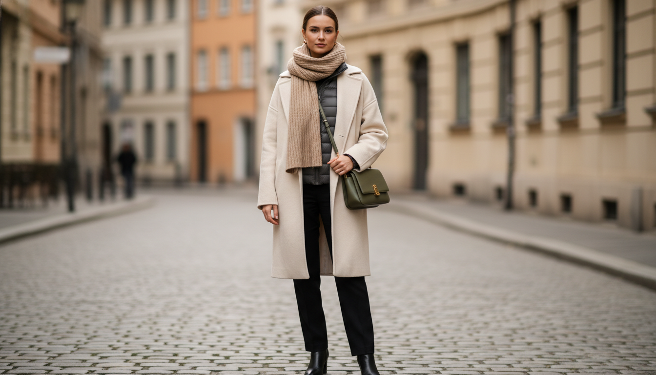 Девушка в многослойном образе: тонкий пуховик под шерстяным пальто