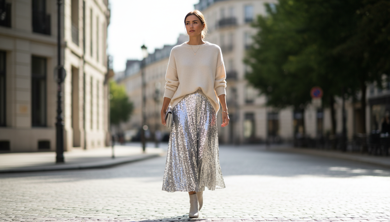 Девушка в свитере оверсайз и юбке из серебряных пайеток на дневной улице