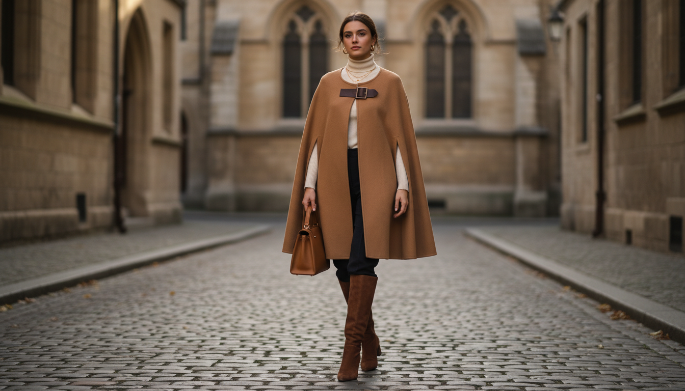 Девушка в коричневых замшевых сапогах и пальто-кейпе.