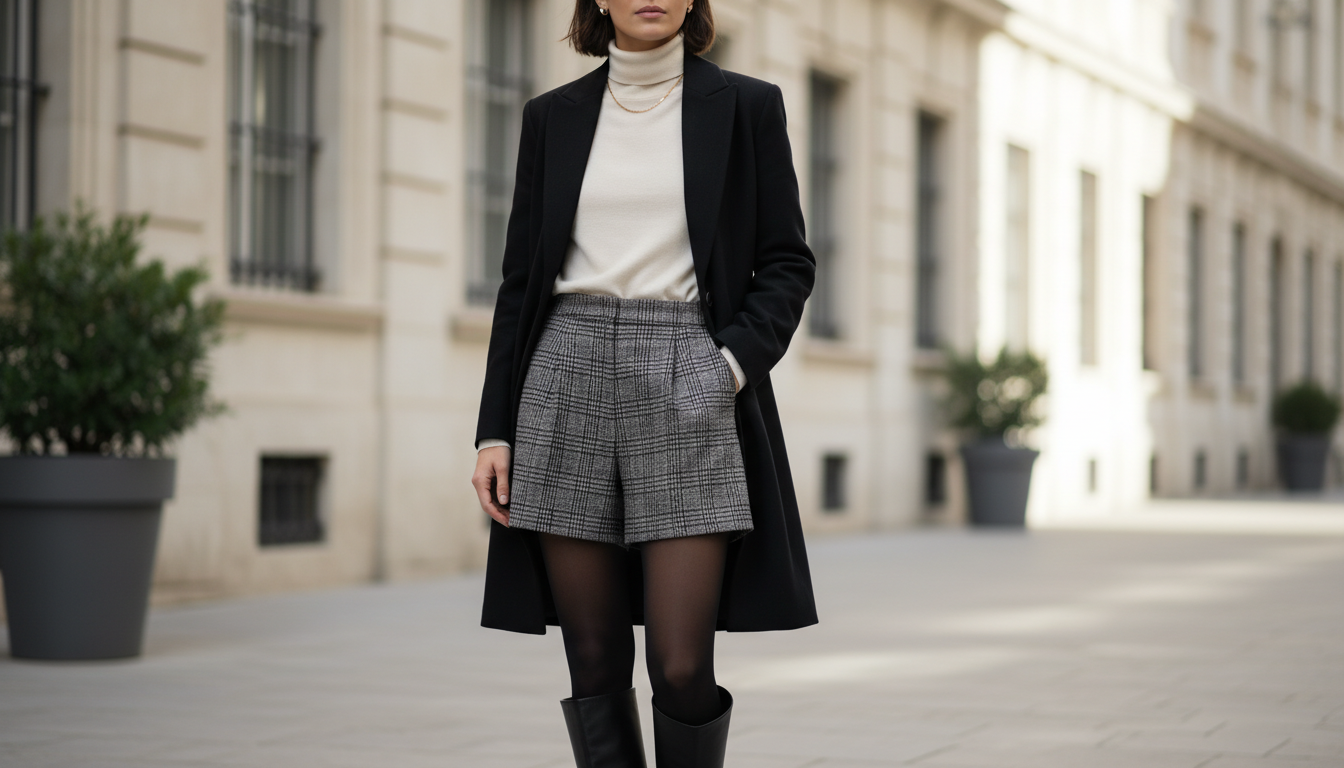 Модель в клетчатых шерстяных шортах, плотных черных колготках и черных кожаных сапогах до колена.