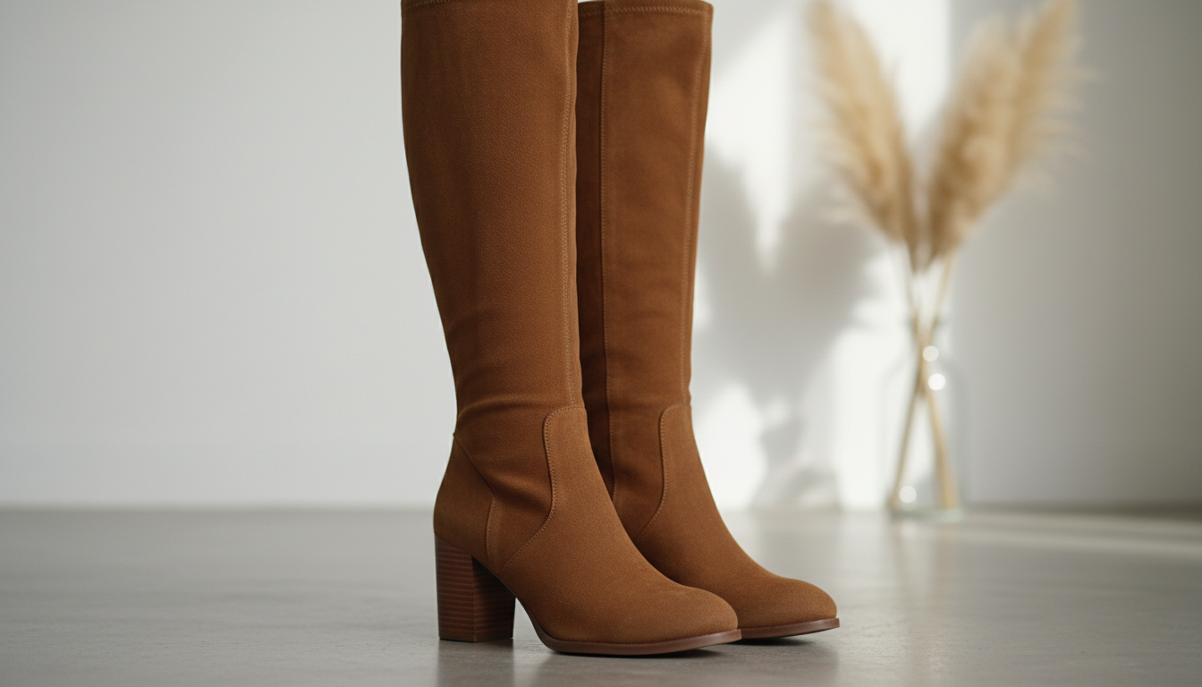 Крупный план замшевых сапог до колена коричневого цвета с устойчивым каблуком.