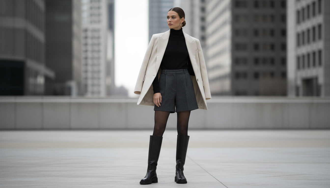 Модель в шерстяных шортах-бермудах, плотных колготках и высоких сапогах, дополненная оверсайз-блейзером.