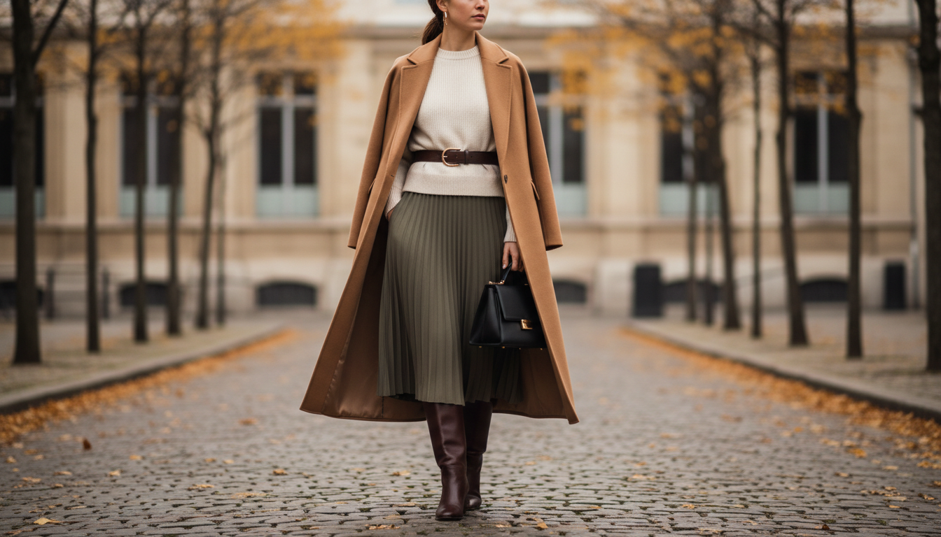 Заключительное изображение – стильный осенний лук с высокими сапогами и пальто.