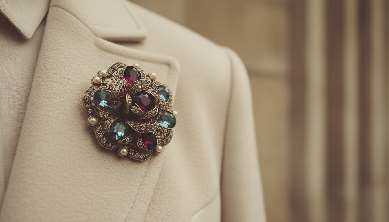 Крупная винтажная брошь в форме цветка на лацкане пальто.