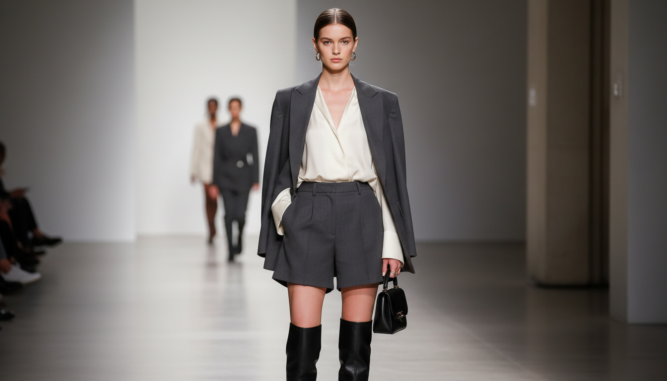 Девушка в удлиненных шортах-бермудах и высоких сапогах на показе.