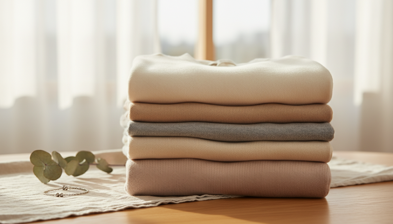 Стопка идеально сложенных кашемировых свитеров нейтральных оттенков